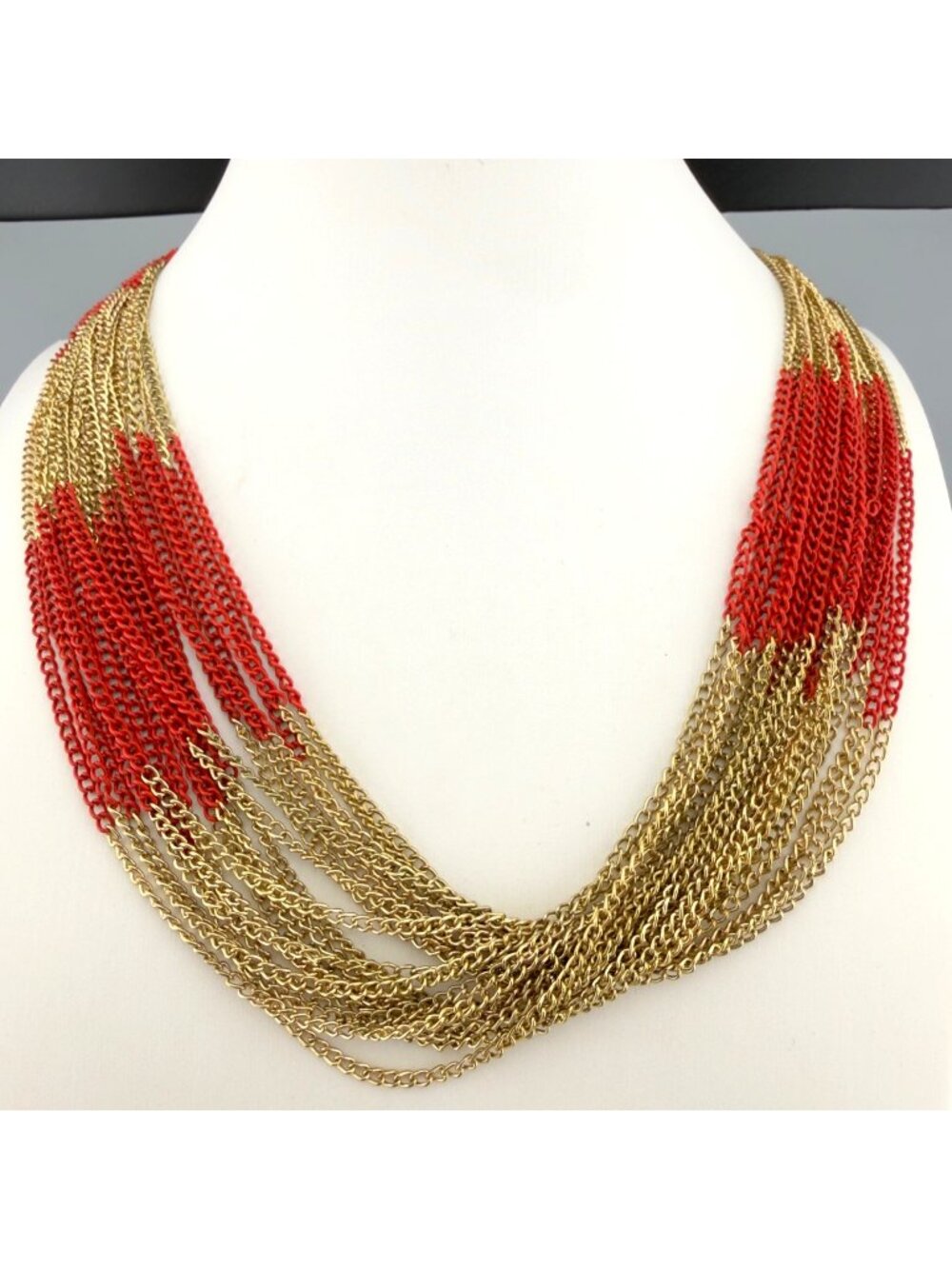 Multi Strand Chain Necklace Red Gold Tone Layered Metal 24" Adjustable